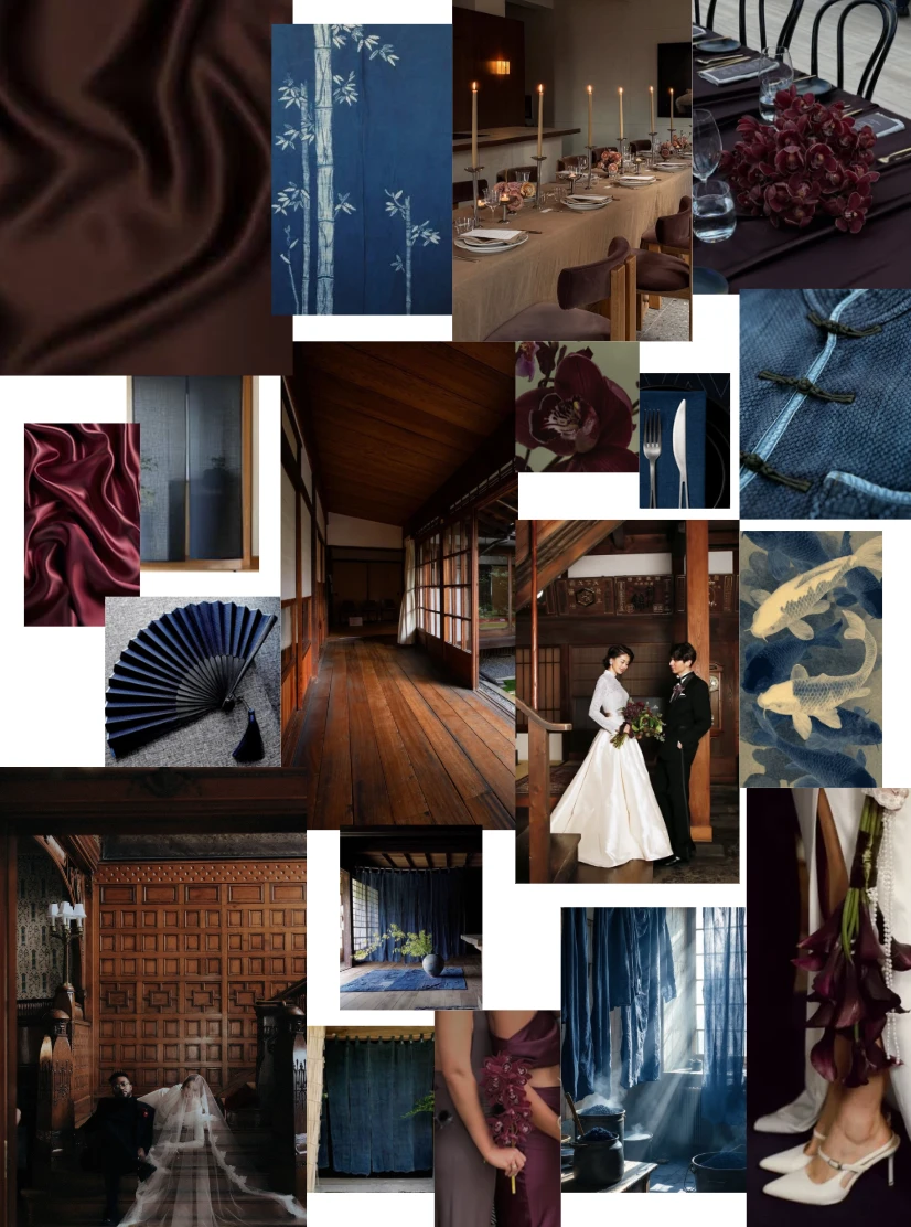 A mood board for the wedding palette — deep plum and wine, indigo blues, dark woods, silks and candlelit interiors, evoking a moody spring evening in Kyoto.